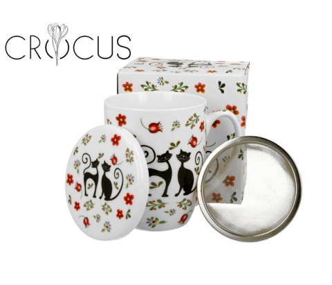 Kubek z zaparzaczem pokrywka do ziół Koty Etno porcelana