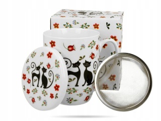 Kubek z zaparzaczem pokrywka do ziół Koty Etno porcelana