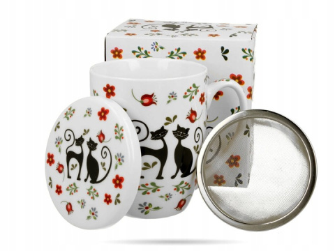 Kubek z zaparzaczem pokrywka do ziół Koty Etno porcelana