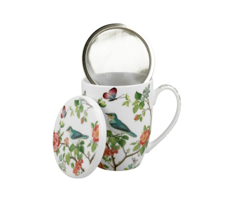 Kubek z zaparzaczem sitkiem do herbaty ptaki na gałęzi