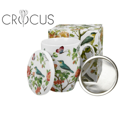 Kubek z zaparzaczem sitkiem do herbaty ptaki na gałęzi