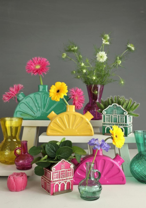 Osłonka ceramika domek na kwiaty doniczka różowa kwadratowa