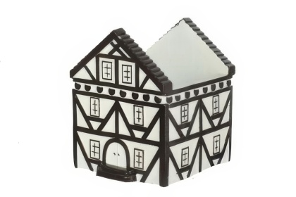 Osłonka ceramiczna na kwiaty biało-brązowy domek donica