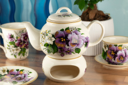 Dzbanek z podgrzewaczem 1 litr kwiaty bratki sitko zaparzacz