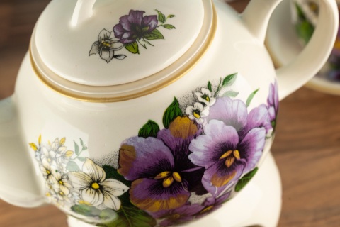 Dzbanek z podgrzewaczem 1 litr kwiaty bratki sitko zaparzacz