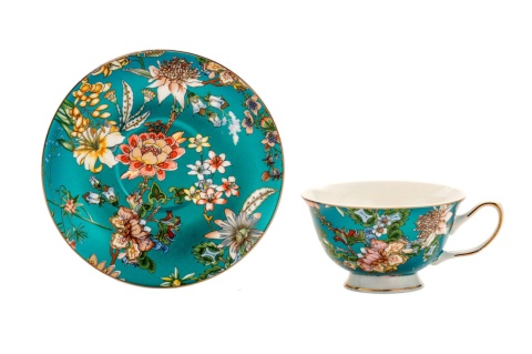 Filiżanka porcelana turkus do herbaty ze spodkiem pudełko