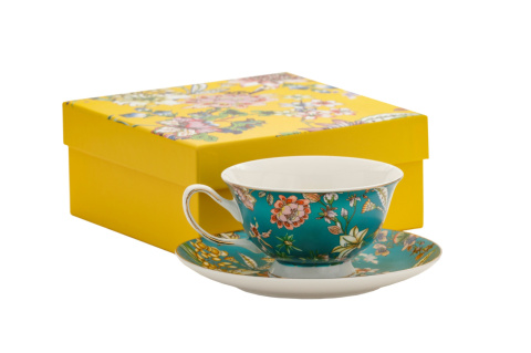 Filiżanka porcelana turkus do herbaty ze spodkiem pudełko