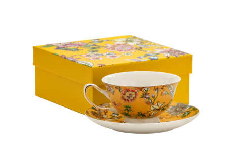 Filiżanka porcelanowa złota do herbaty ze spodkiem pudełko