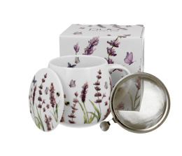 Komplet kubek baryłka z sitkiem lavender na urodziny lawenda