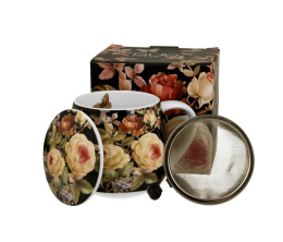 Kubek porcelanowy z zaparzaczem baryłka Warda kwiaty