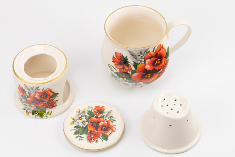 Kubek z Mieroszowa zaparzacz baryłka kwiaty + podgrzewacz