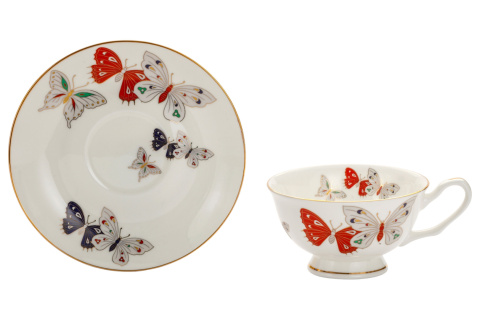 Filiżanka porcelana do herbaty talerzyk deserowy motyle
