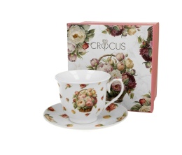 Filiżanka spodek kosze kwiatów na prezent piwonie porcelana