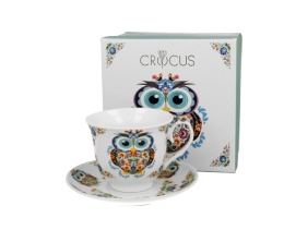 Filiżanka spodek kosze kwiatów prezent porcelana sowa etno