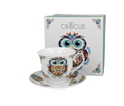 Filiżanka spodek kosze kwiatów prezent porcelana sowa etno