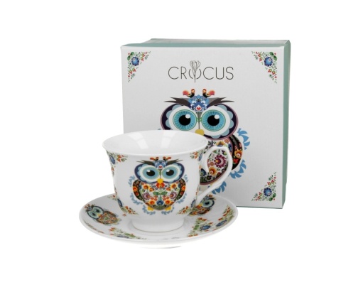 Filiżanka spodek kosze kwiatów prezent porcelana sowa etno