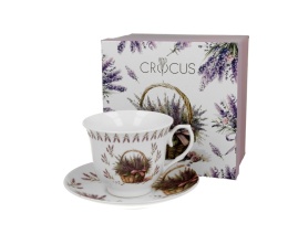 Filiżanka spodek kosze kwiatów na prezent porcelana lawenda