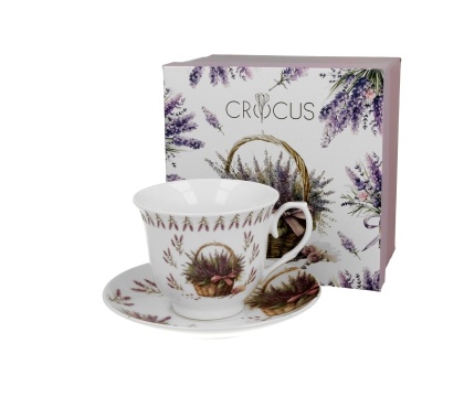 Filiżanka spodek kosze kwiatów na prezent porcelana lawenda