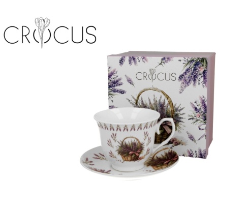 Filiżanka spodek kosze kwiatów na prezent porcelana lawenda