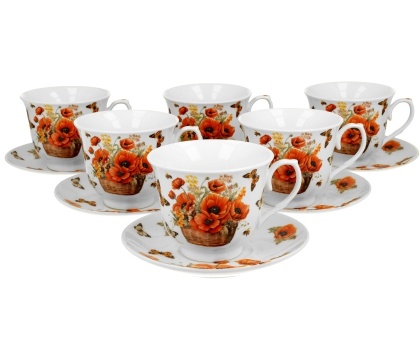 Filiżanki do herbaty ze spodkami 6 szt kosze kwiatów maki