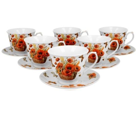 Filiżanki do herbaty ze spodkami 6 szt kosze kwiatów maki