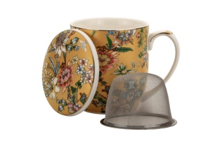 Kubek porcelana przykrywka sitko filtr kwiaty do ziół złoty