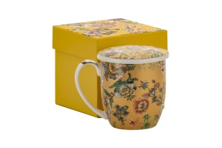 Kubek porcelana przykrywka sitko filtr kwiaty do ziół złoty