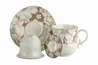 Kubek zaparzacz przykrywka spodek kwiaty do ziół porcelana