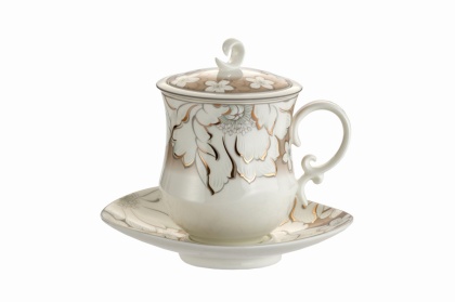 Kubek zaparzacz przykrywka spodek kwiaty do ziół porcelana