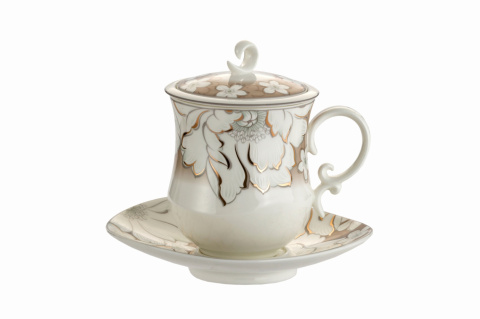 Kubek zaparzacz przykrywka spodek kwiaty do ziół porcelana