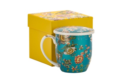 Kubek przykrywka sitko filtr kwiaty do ziół porcelana turkus