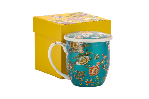 Kubek przykrywka sitko filtr kwiaty do ziół porcelana turkus