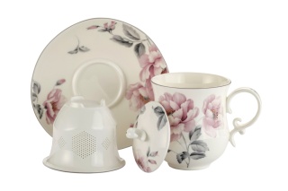 Kubek przykrywka zaparzacz spodek kwiaty do ziół porcelana