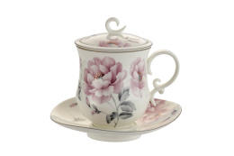 Kubek przykrywka zaparzacz spodek kwiaty do ziół porcelana