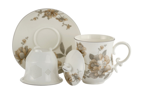 Kubek przykrywka sitko spodek kwiaty do ziół porcelana