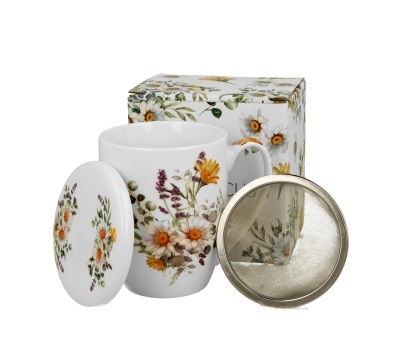 Kubek z zaparzaczem do ziół kosze kwiatów daisy stokrotki