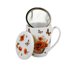 Kubek z zaparzaczem do herbaty kosze kwiatów maki porcelana
