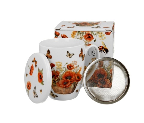 Kubek z zaparzaczem do herbaty kosze kwiatów maki porcelana