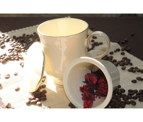 Kubek zaparzacz sitko pokrywka Clark ecru porcelana złoty