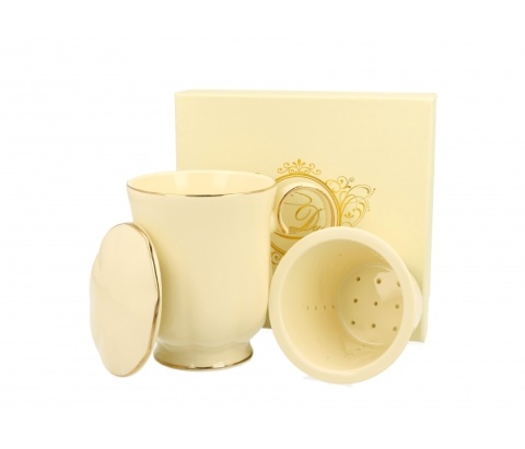 Kubek zaparzacz sitko pokrywka Clark ecru porcelana złoty
