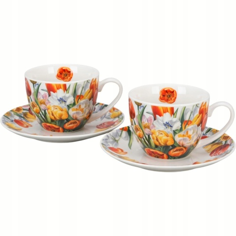 Filiżanki spodki porcelana prezent zestaw 2 szt tulipany