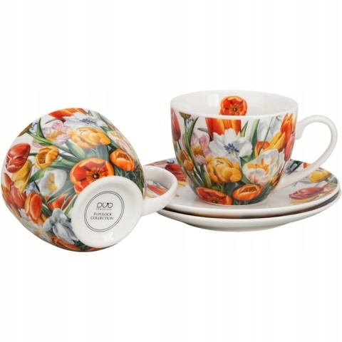 Filiżanki spodki porcelana prezent zestaw 2 szt tulipany