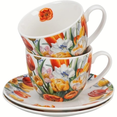 Filiżanki spodki porcelana prezent zestaw 2 szt tulipany