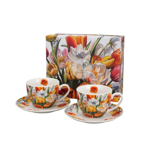 Filiżanki spodki porcelana prezent zestaw 2 szt tulipany