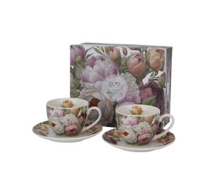 Filiżanki ze spodkami piwonie na prezent zestaw 2 szt duo