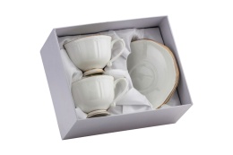 Filiżanki ze spodkiem 2 szt w pudełku białe złote porcelana