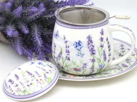 Kubek z sitkiem beczułka Queen Isabell porcelana lawenda