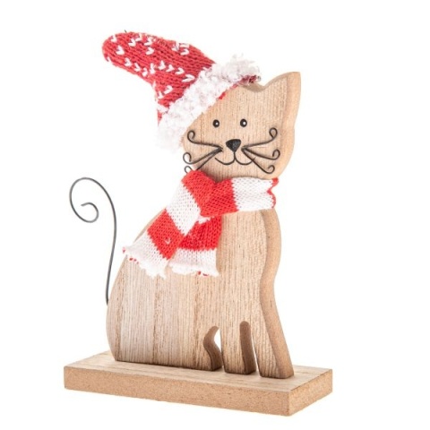 Kot drewniana ozdoba świąteczna kotek stojący brązowy