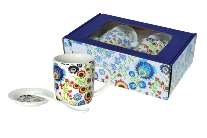 Kubki łyżeczki spodki Livello zestaw folk na prezent