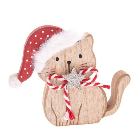 Ozdoba drewniana świąteczna kot kotek stojący brązowy